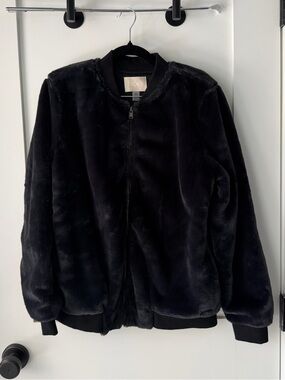 Roxy Navy Black Faux Fur Bomber Jacket